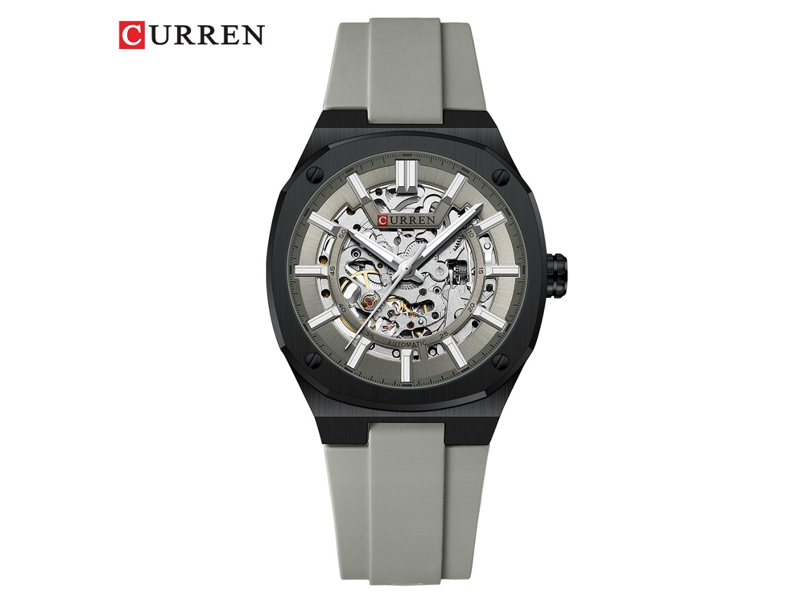 (correa Gris, Caja Y Cara Grises) Reloj Mecánico Automático De Hombre Con Esquinas Perforadas Y Transparente, Resistente Al Agua, Deportivo Y Casual