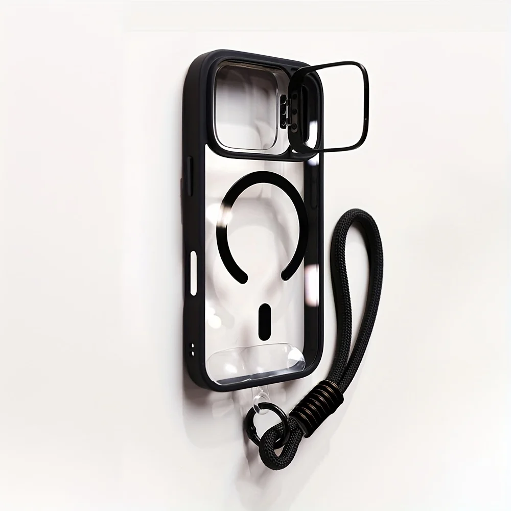 (iphone 12 Pro Max Negro) Funda Transparente Magnética Con Soporte Para Lente Y Correa De Muñeca Magsafe