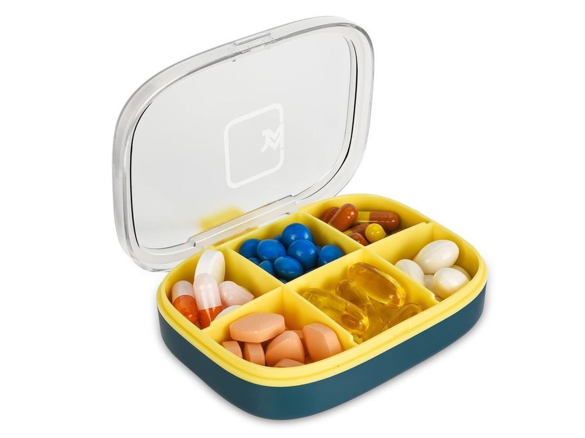 Pequeño Organizador De Pastillas Portátil Para Viajes, 6 Compartimentos, Resistente Al Agua, Azul.