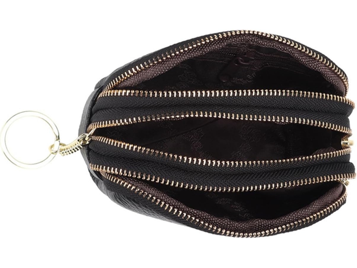 Monedero De Piel De Vacuno, Monedero Con Cremallera, Tamaño Mini, Negro, Para Mujer.