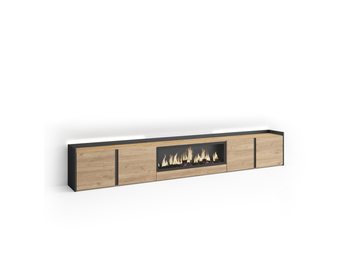 Mueble Tv, Televisión, 315x35x50cm, Para Tv Hasta 80", Chimenea Eléctrica Xxl, Led, Roble Y Negro