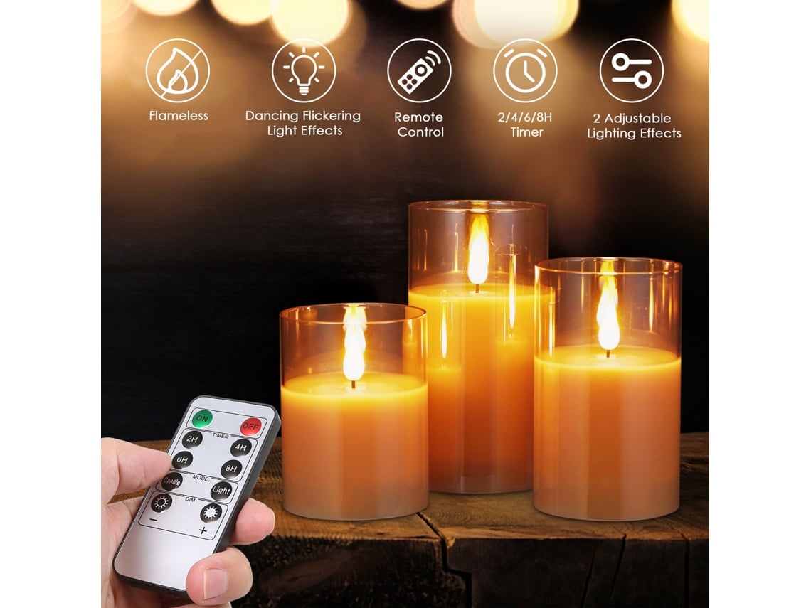 Conjunto de 3 velas LED sem chama BJ com controle remoto, 2 modos, 5 níveis de brilho, temporizador, ideal para decoração de Natal e casamento.