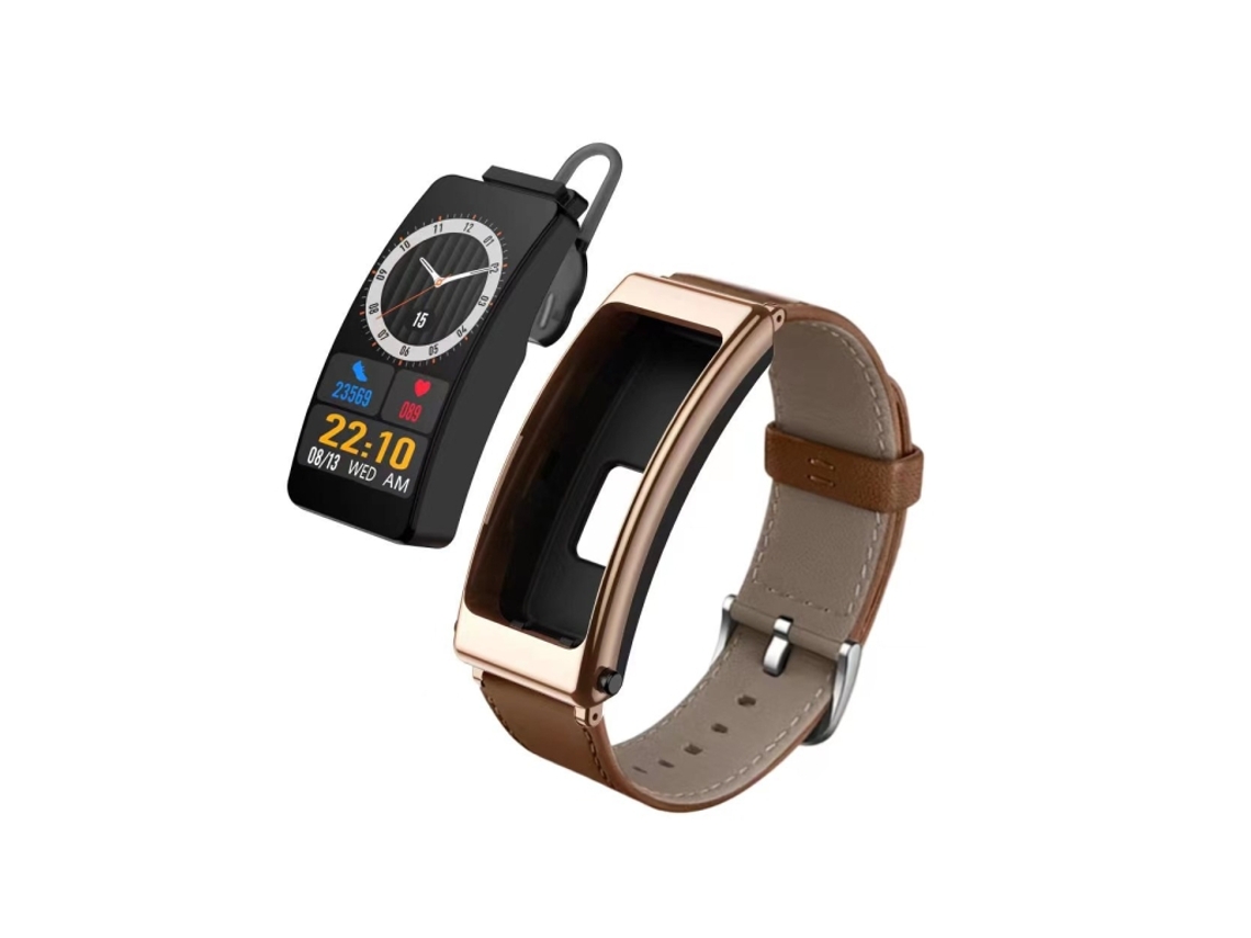 Reloj inteligente de 1,14 pulgadas con auriculares extraíbles y correa de cuero, compatible con llamadas Bluetooth (marrón)