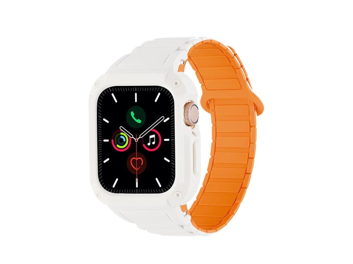 Bracelete Para Apple Watch 46/49/45/44mm - Silicone Com Fecho Magnético Invertido E Capa Tpu Integrada Branco E Laranja