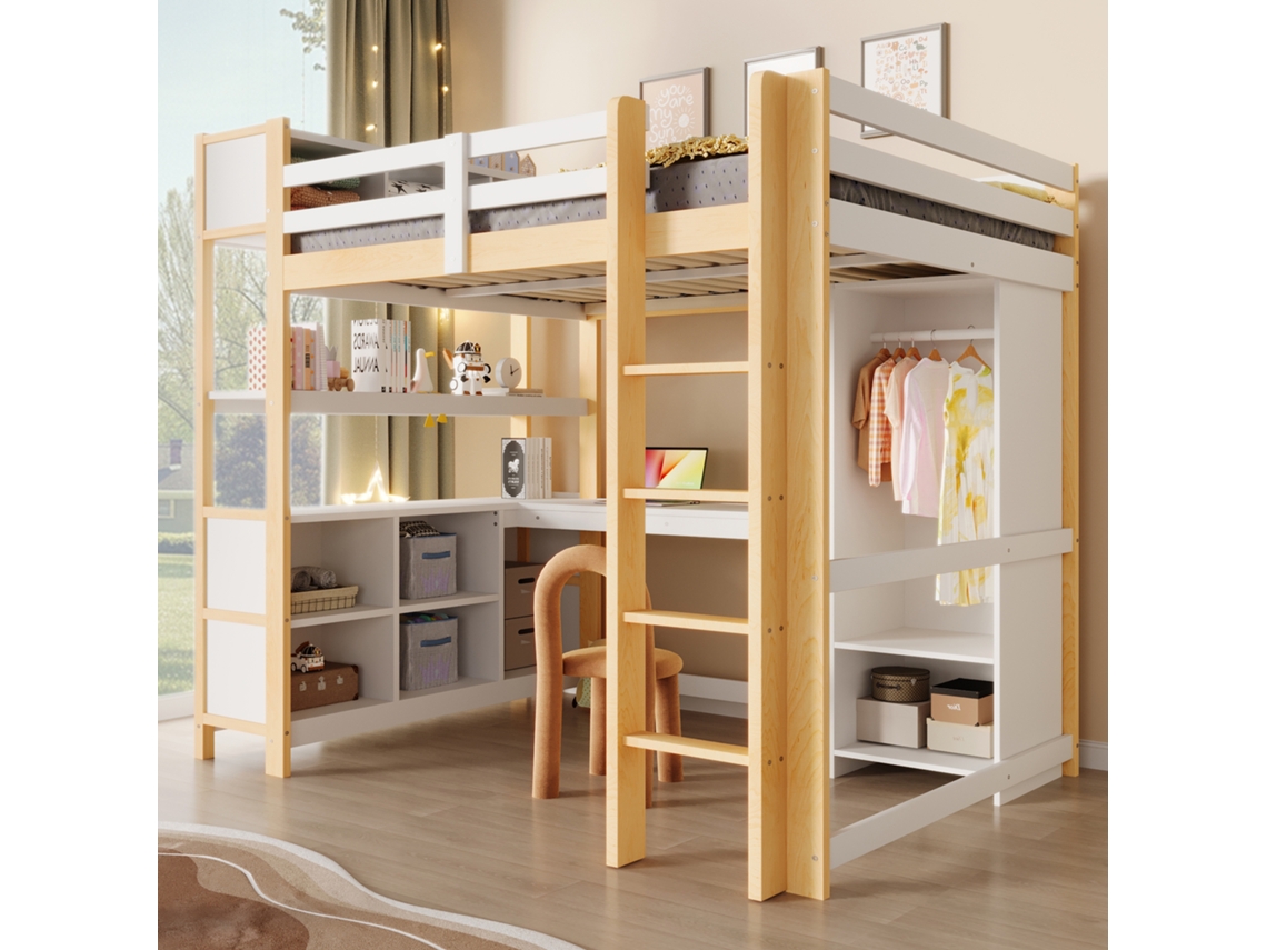 Cama Alta De 140x200 Cm Con Escritorio, Estantes, Armario Y Varios Compartimentos De Almacenamiento, En Madera Natural.