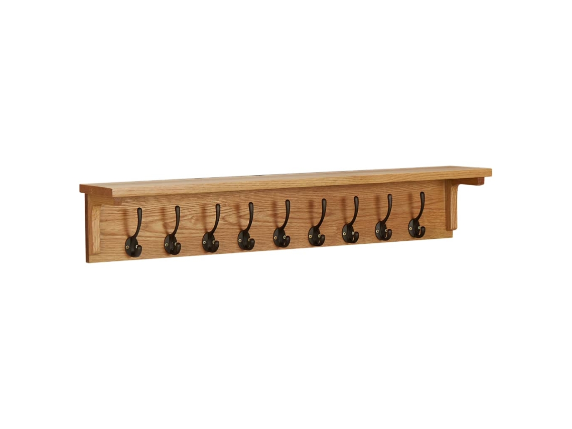 Perchero de pared de 90x16x16 cm con 9 ganchos en madera maciza de roble Dec024239