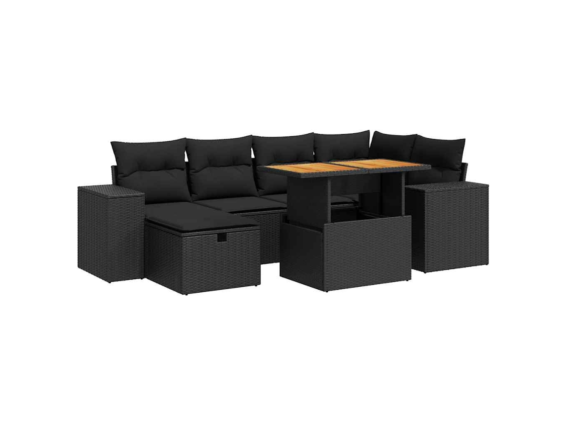 Conjunto de sofá de jardín de 8 piezas con cojines de mimbre, negro/acacia, exclusivo de MAISON