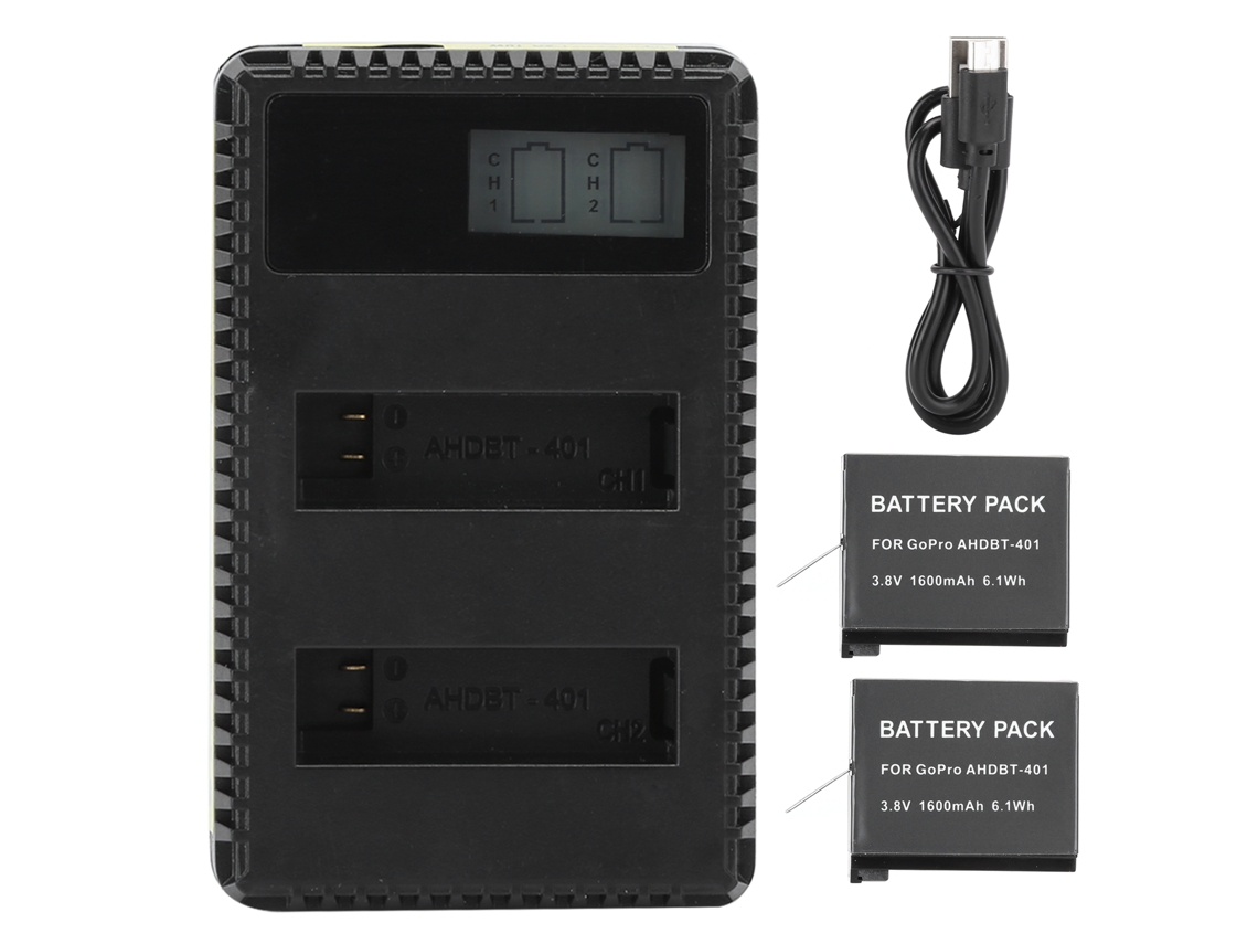 Cargador Con Doble Pantalla Lcd Para Cámara Deportiva Hero4 Con 2 Baterías De 1600 Mah Ahdbt-401