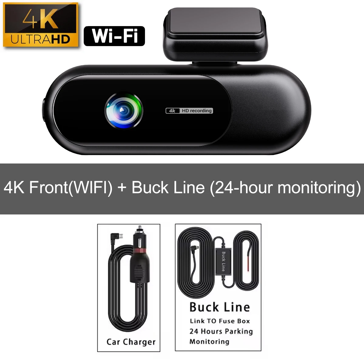 (Kit de instalación frontal para tarjeta SD de 64 GB) Cámara para coche con Wi-Fi y pantalla dual 4K+1080p