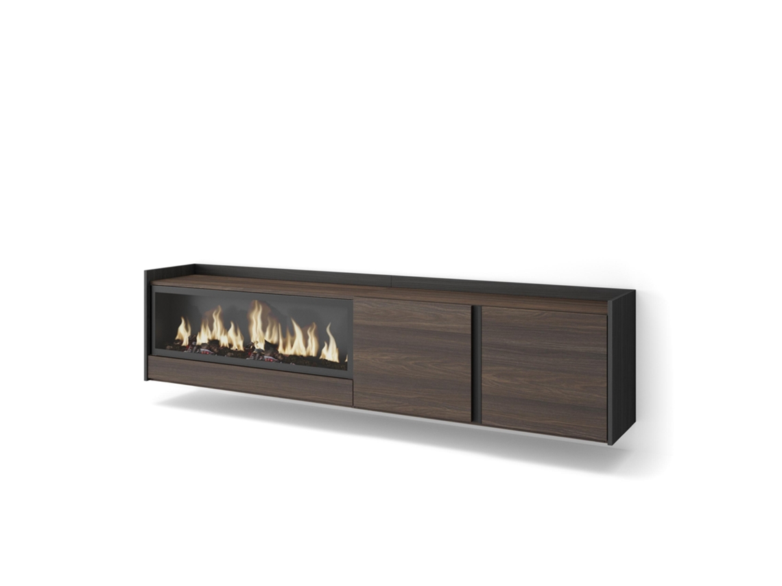 Mueble para TV, 212x35x50cm, para televisores de hasta 80'', chimenea eléctrica XXL, montaje en pared, roble oscuro y negro.