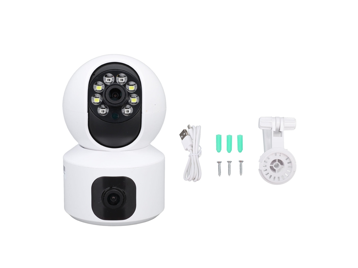 Cámara de seguridad inalámbrica de 2,4 GHz con detección de movimiento, visión nocturna y doble lente para uso en interiores y exteriores.