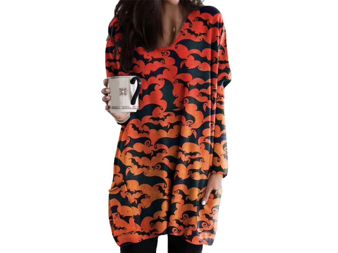 Sudadera Kkpm con estampado de Halloween para mujer, de manga larga, cuello redondo, corte holgado y 2 bolsillos.