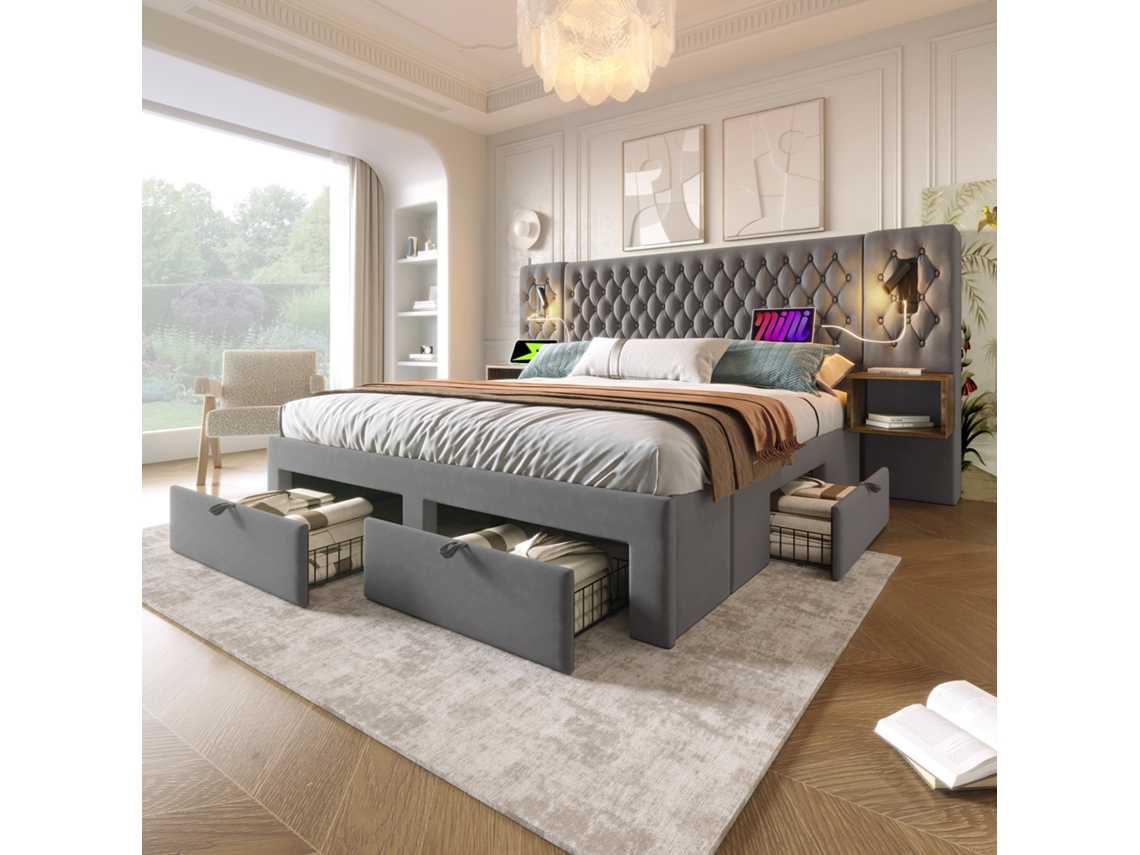 Cama Tapizada 180x200 Cm - Con 2 Mesitas De Noche Y 4 Cajones, Cabecero Con Luz De Lectura Y Función De Carga Usb - Gris