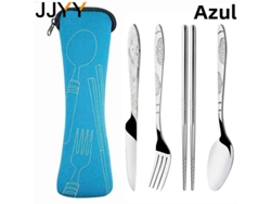 Juego de cubiertos portátiles de acero inoxidable con diseño en relieve y bolsa de viaje. MDUG (azul, 4 piezas)