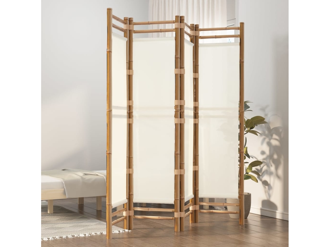 Biombo Divisor | Biombo Separador | Separador De Ambientes Plegable De 4 Paneles Bambú Y Lona 160 Cm