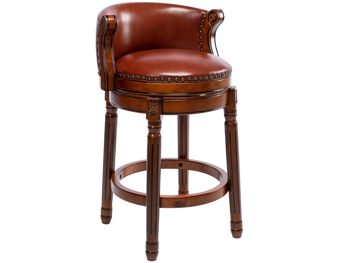 Taburete De Bar De Madera Con Asiento De Cuero De Vaca, Giratorio 360°.