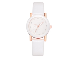 Reloj De Pulsera De Cuarzo Para Mujer Con Diamantes De Imitación Y Estampado Floral, Correa Redonda De Piel Sintética Blanca Informal.