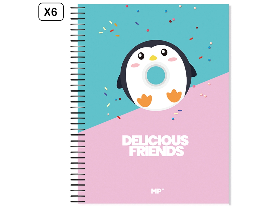 Pack 6 Unidades Cuaderno Extradura A4 120 Hojas Cuadricula Diseño Delicious Friends Pingüino