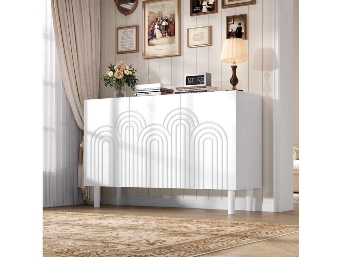 Armario moderno blanco de 120 cm, 3 puertas y divisores ajustables, cómoda versátil de MDF para salón o dormitorio