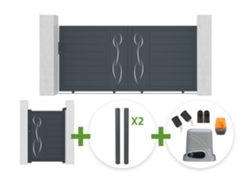 Puerta Corredera 3 M Life Alt. 140 Cm Gris + Puerta Peatonal 1 M Life Alt. 140 Cm Gris + 4 Postes Elda + Motorización Tanker C600