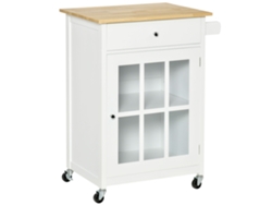 Carrito De Cocina Con Ruedas Multialmacenaje Armario Con Puerta De Cristal Estante Ajustable Cajón Y Porta Toallas Blanco Y Roble Claro