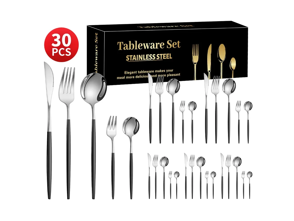 Juego De Cubiertos De Cuchillo, Tenedor Y Cuchara Occidental De Acero Inoxidable, 30 Piezas, A Plateado Negro SIURN