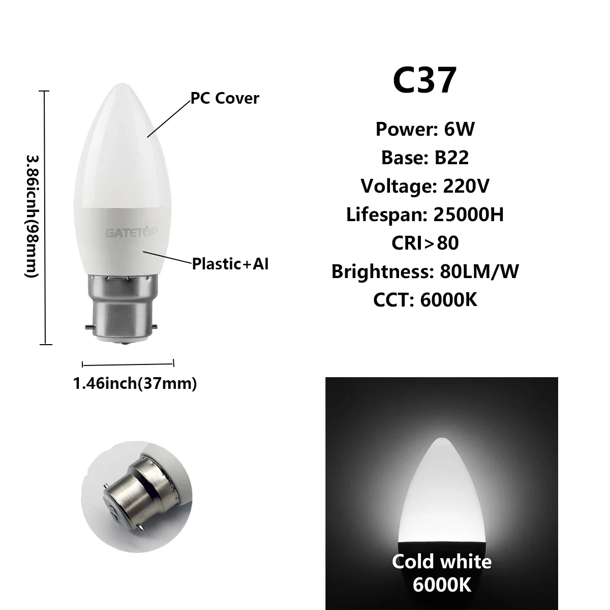 (c37 6w B22 6000k, 220v) 8 Bombillas Led, Para Iluminación Doméstica Y Decoración Del Hogar.