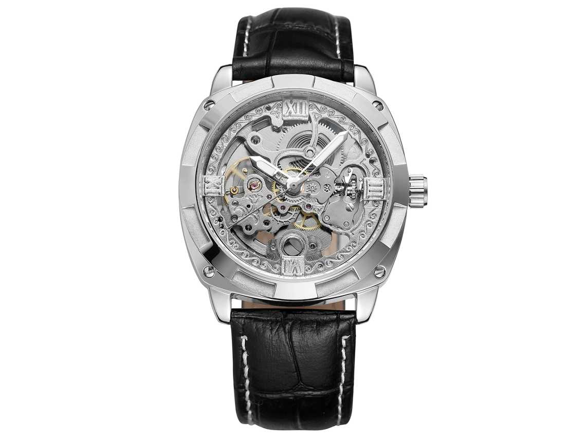 Reloj Mecánico Automático De Moda Para Hombre Con Correa De Piel Sintética (plateado Y Negro)