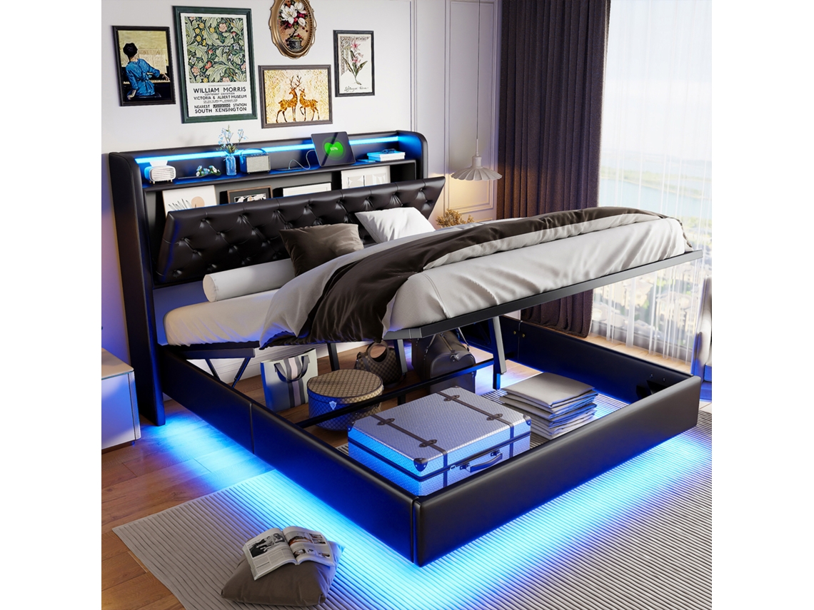 Cama Doble 140x200cm Flotante Con Almacenamiento Hidráulico Y Led Rgb, Cama Tapizada Moderna De Cuero Pu Con Usb-c/a Para Adultos, Negro