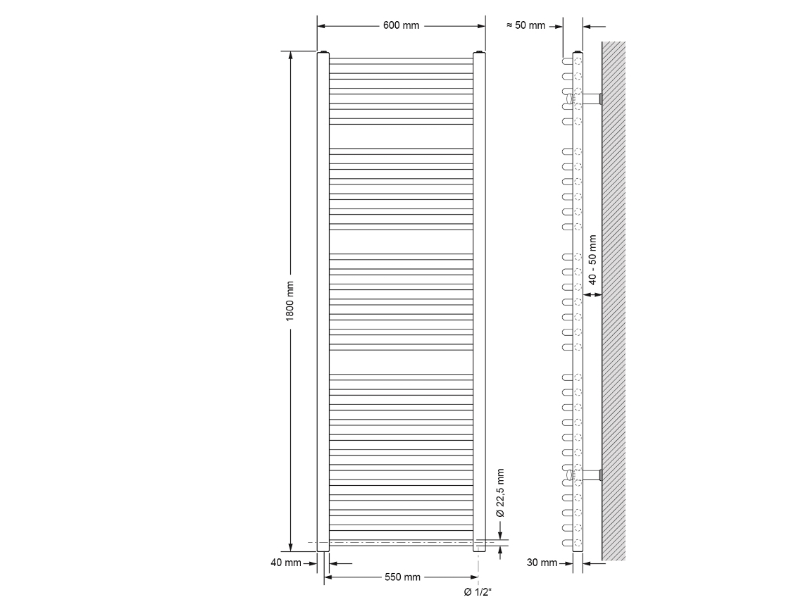 Radiador eléctrico de baño con elemento calefactor 900W 600x1800 mm antracita curvo con conexión lateral LUXEBATH