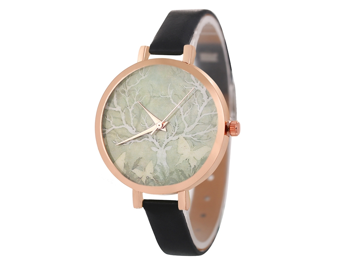 Reloj De Pulsera Coreano Para Mujer En Piel Negra Con Movimiento De Cuarzo Analógico Redondo.