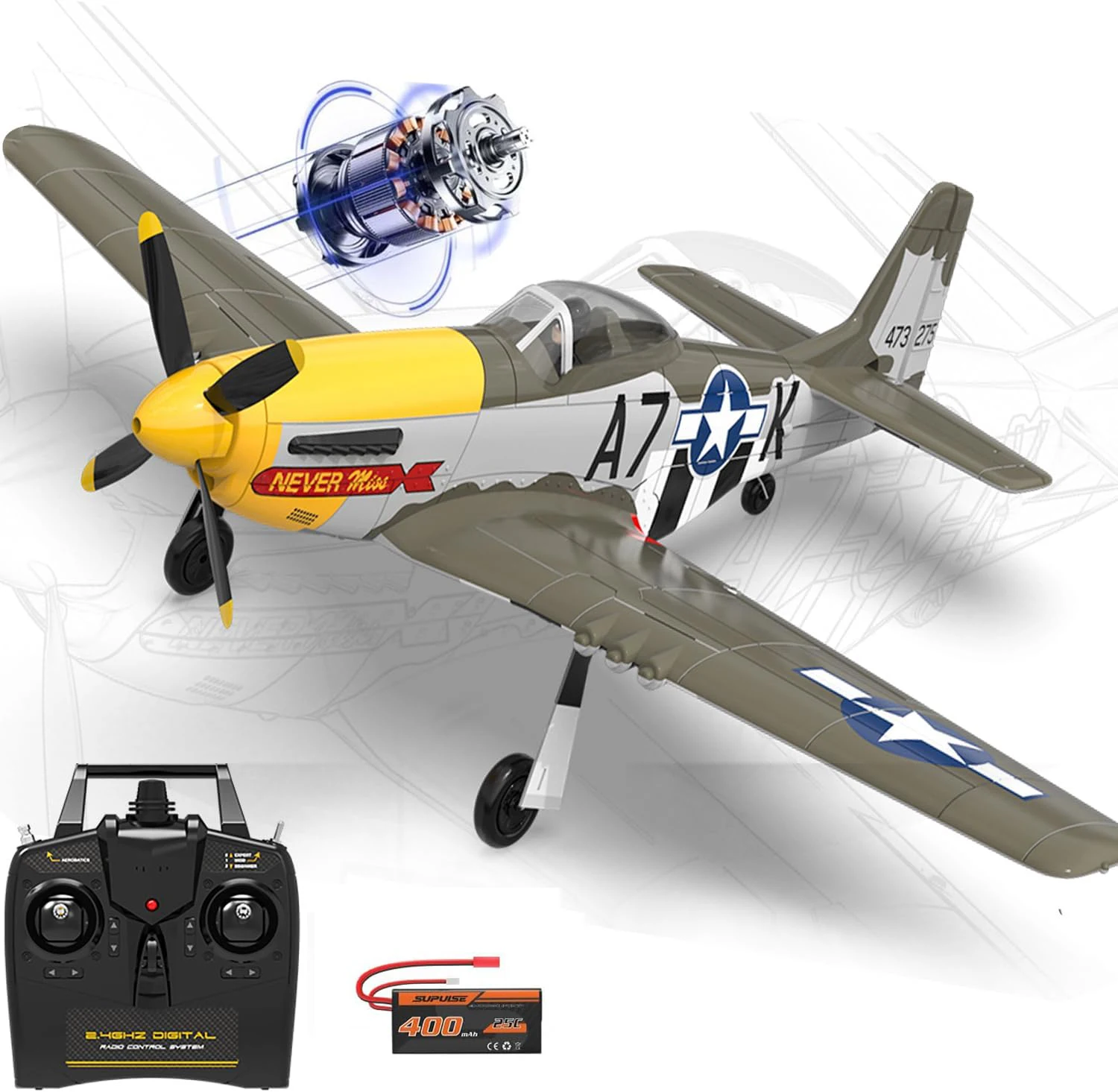 Avión De Combate Mustang 2.4g De 4 Canales, Controlado A Distancia Y Equipado Con Un Motor Sin Escobillas