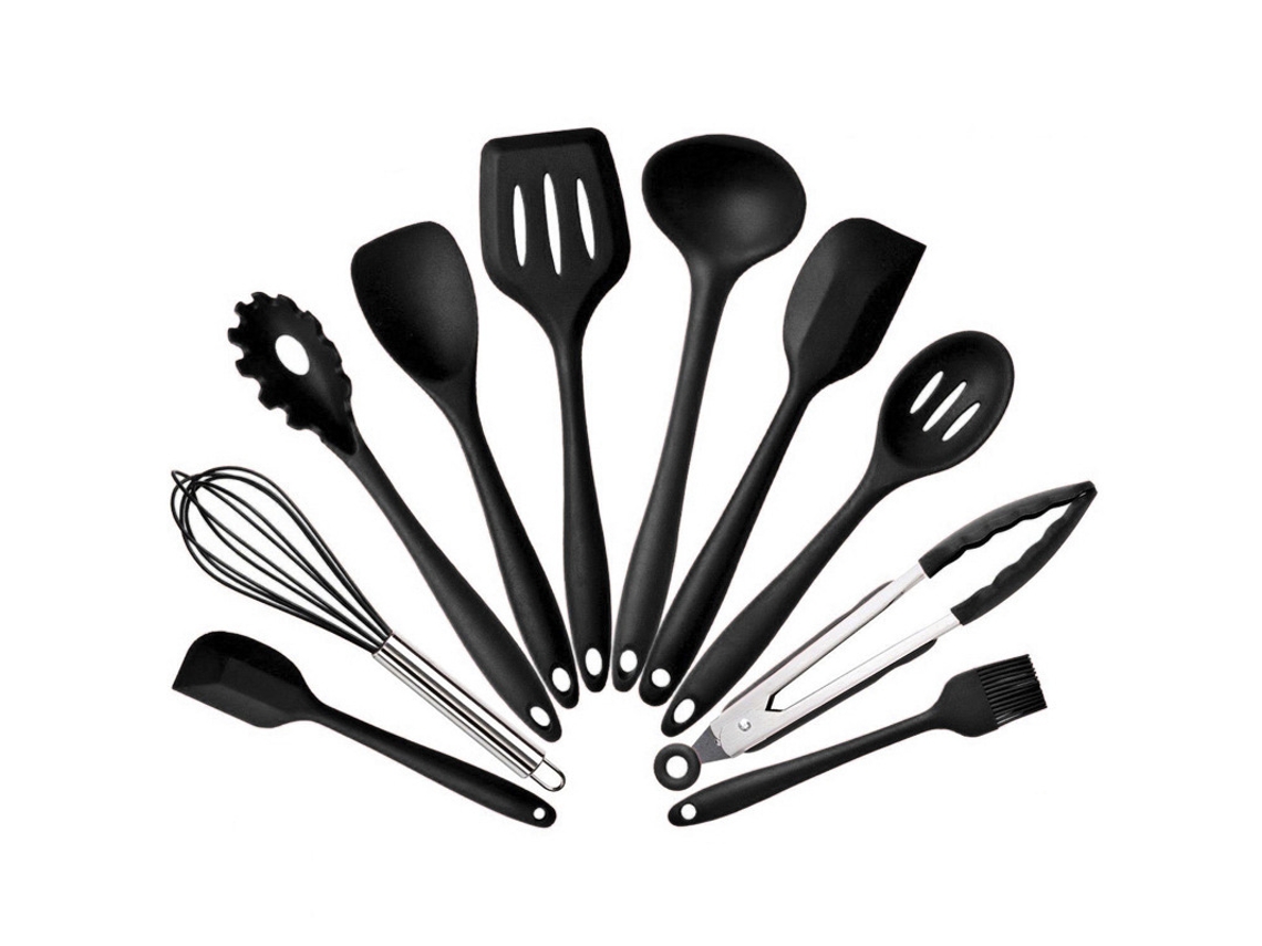 Juego de utensilios de cocina de silicona, 10 piezas, color negro.