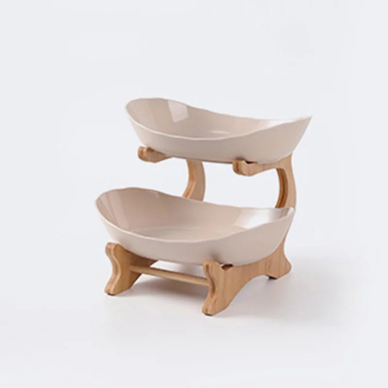 Frutero de madera beige de 2 niveles, escurridor de platos de cocina con divisores Mdug