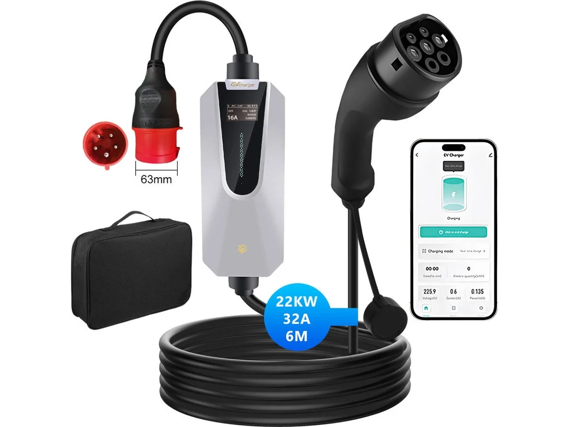 Junsun Wallbox Portátil Tipo 2 32a 22kw | Cargador Ev 6m | Enchufe Cee Control Wifi/app | Corriente Ajustable 6-32a