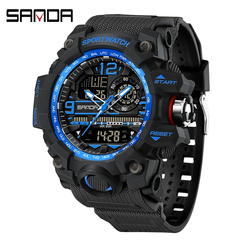 Reloj Deportivo Para Hombre (azul), Con Pantalla Doble Digital De Cuarzo Led, Resistente A Golpes Y Al Agua.
