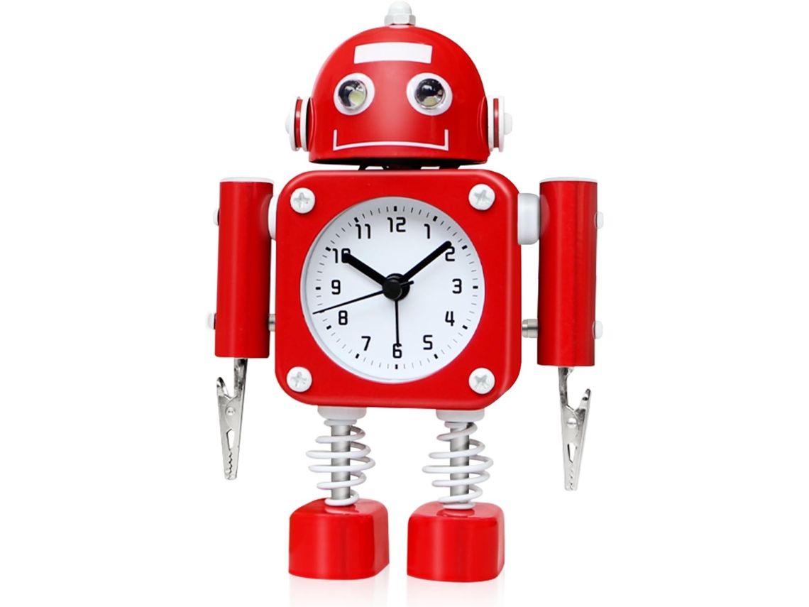 Reloj despertador robot de metal blanco (luces LED, clip de mano)