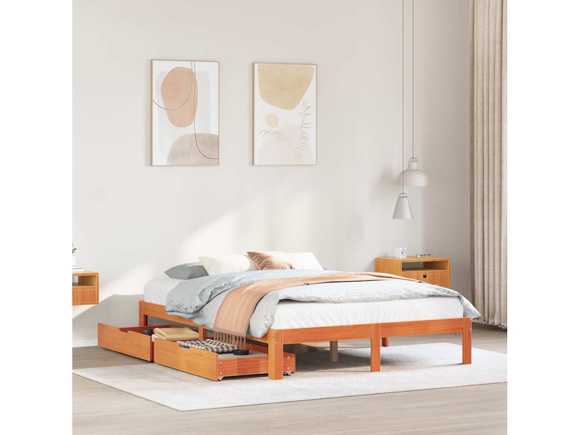 Estructura Cama Con Cajones Madera Pino Marrón Cera 135x190 Cm