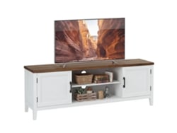 Suporte Para Tv De 140 Cm, Móvel Para Tvs De Até 65 Polegadas Com 2 Portas E 2 Compartimentos Abertos, Nas Cores Branco E Marrom.