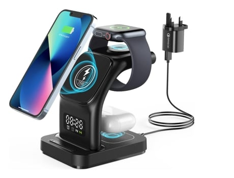 Cargador inalámbrico QI de 15W con relojLuz nocturna para Apple iWatch/AirPods (con función de carga inalámbrica)(Negro)