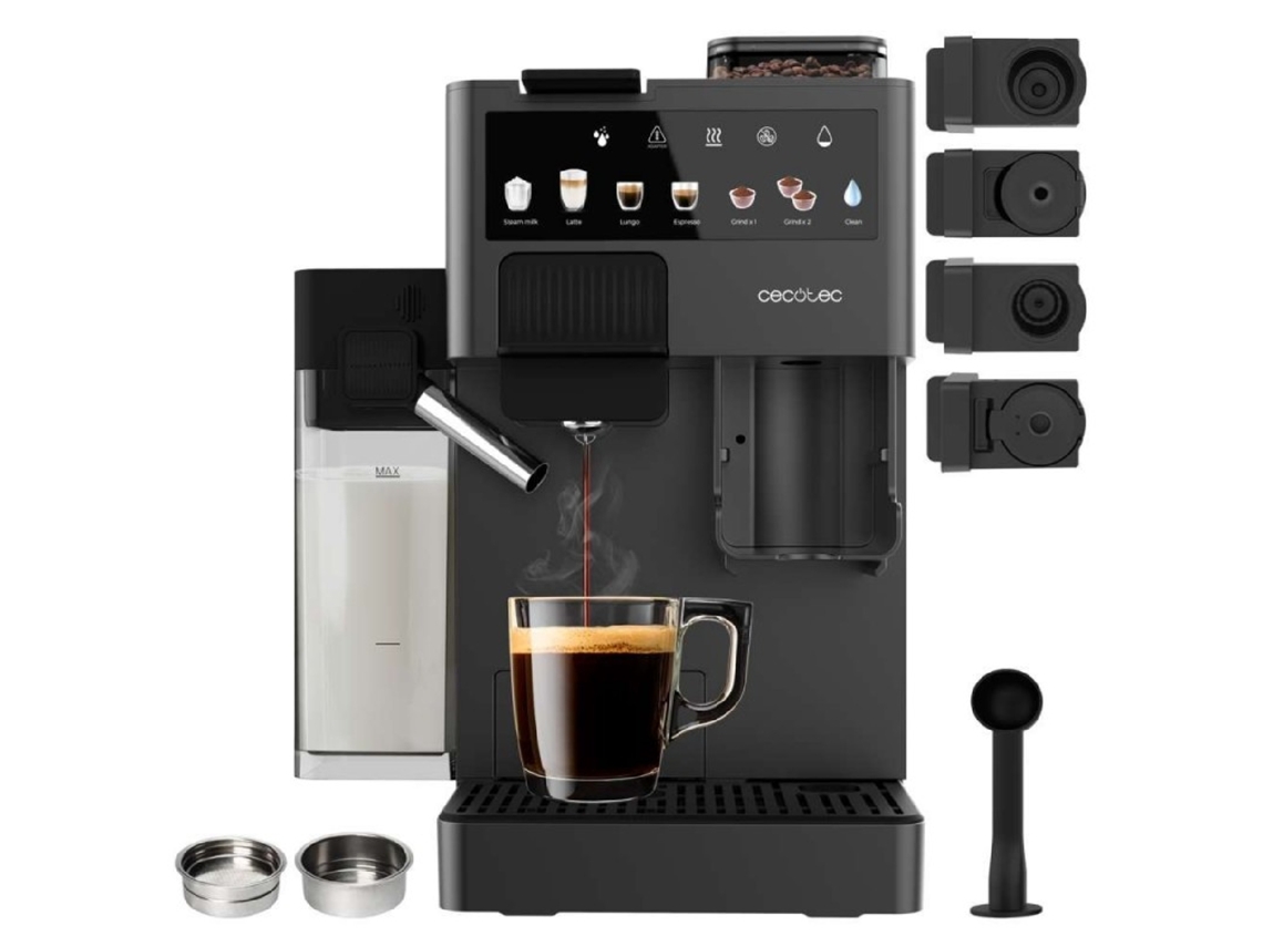 Cafetera de cápsulas Cecotec Freestyle Grind Latte. 1400 W, 20 bares, multicápsulas, 40 g de café en grano, molinillo cónico, 1,6 l