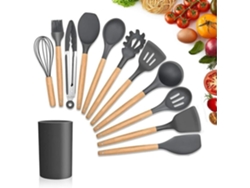 CUICH Juego De Utensilios De Cocina De Silicona De 12 Piezas Con Mango De Madera Resistente Al Calor Y Antiadherente Gris