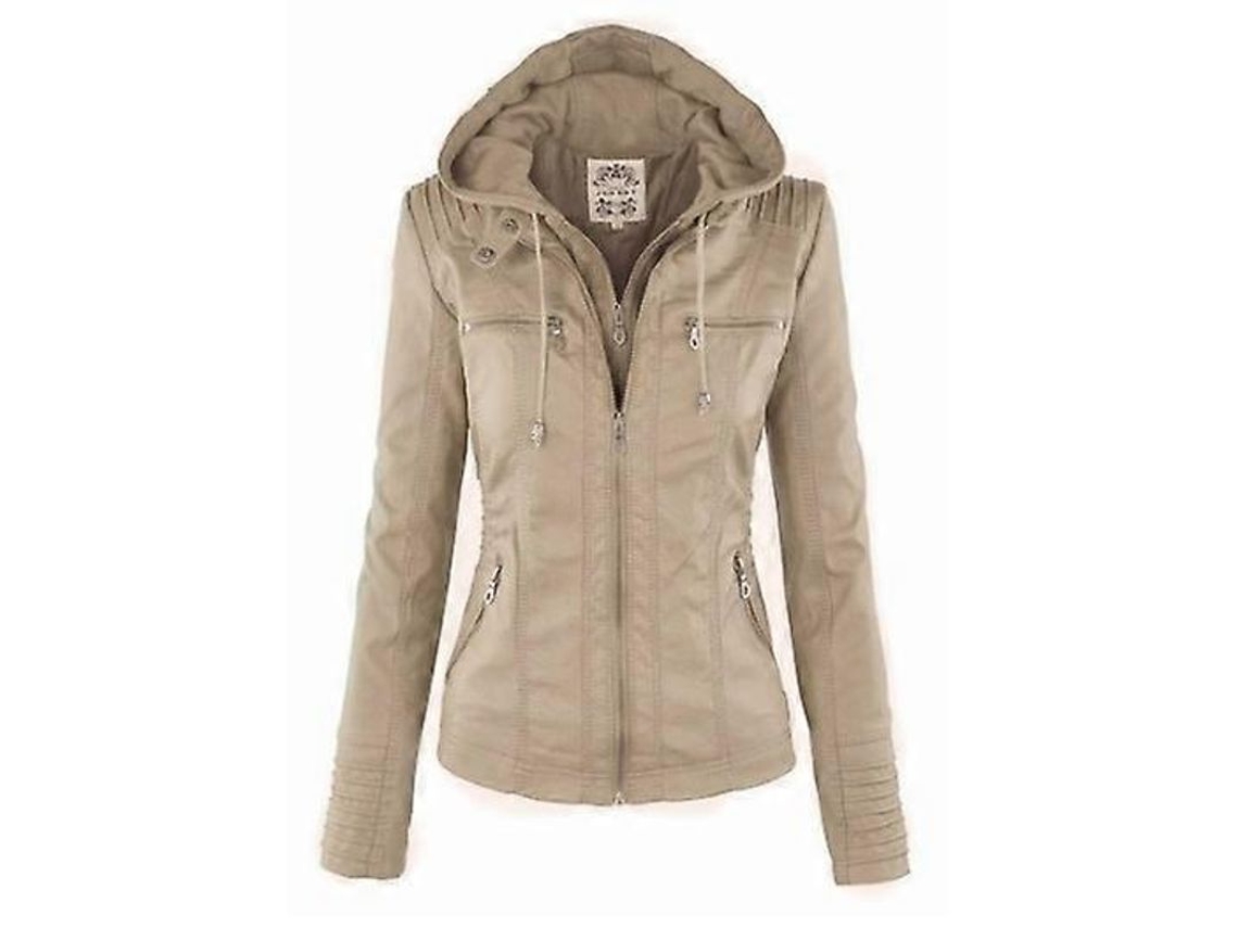 Chaqueta De Cuero Falso Para Mujer Con Capucha Invierno Otoño Moto Negro Talla Xs Beige Xs Beige