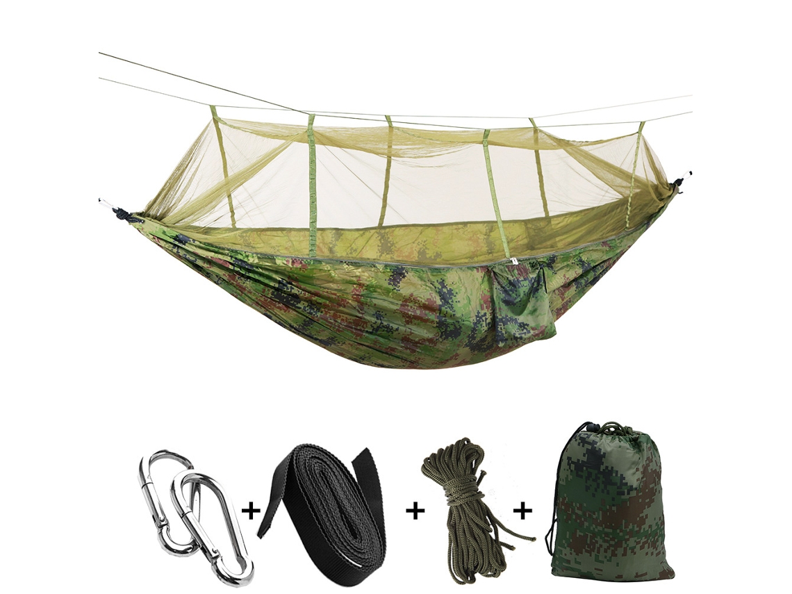 Hamaca portátil con mosquitera de camuflaje para dormir.