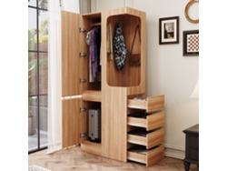 Armario de 70x40x170 cm - 1 puerta con cajones y espacio abierto para ropa - Madera natural