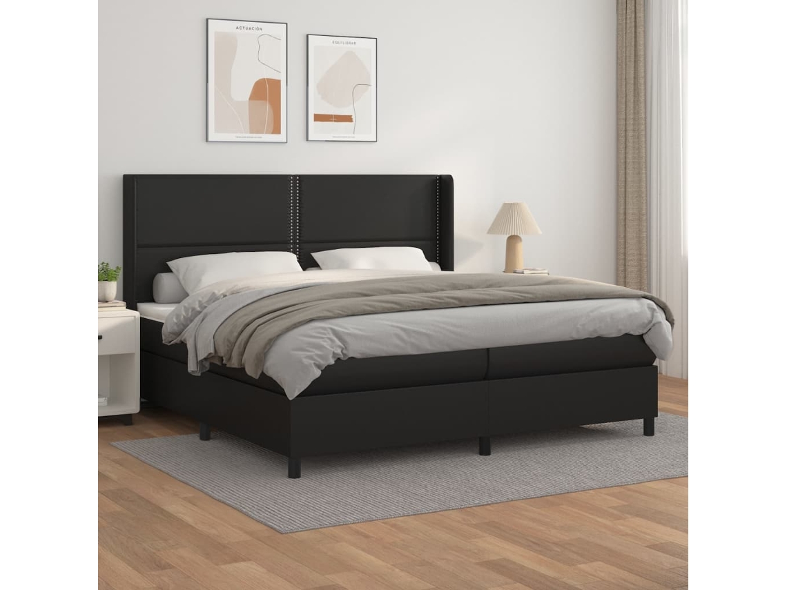 Cama Box Spring Con Colchón Cuero Sintético Negro 200x200 Cm