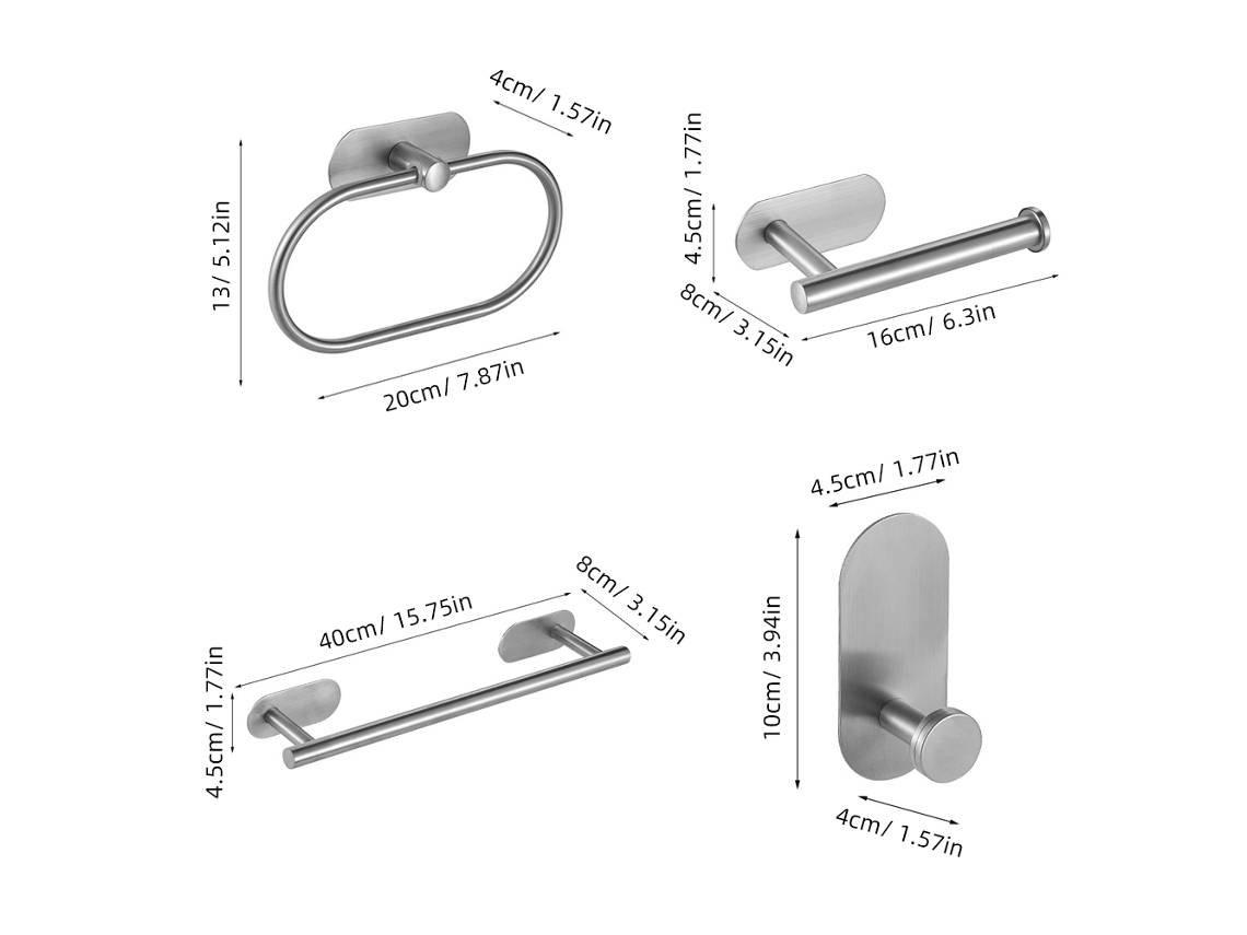 Juego De 5 Piezas Para Almacenamiento En Baño, Acero Inoxidable 304, No Requiere Perforación, Con Barra, Soporte Y Ganchos.