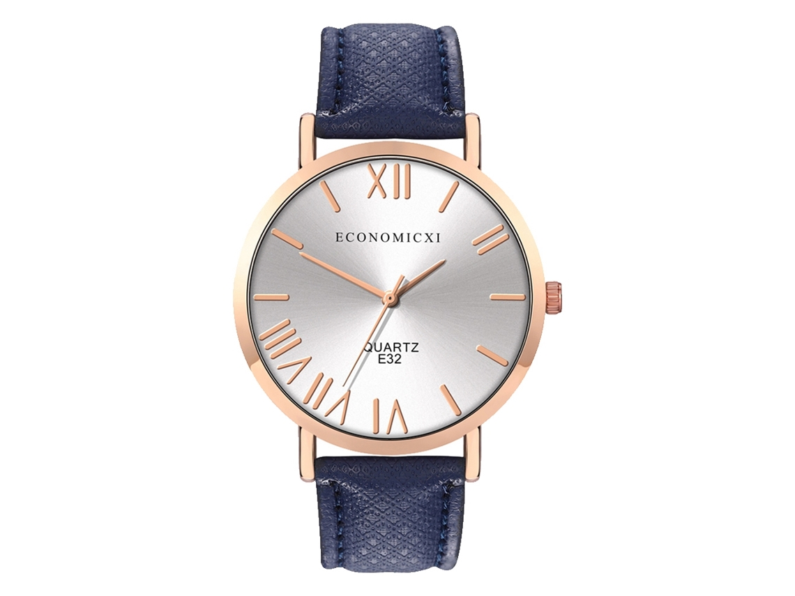 Reloj De Pulsera Para Hombre/mujer De Piel Sintética Con Esfera Redonda, Movimiento De Cuarzo Analógico, Blanco/azul.