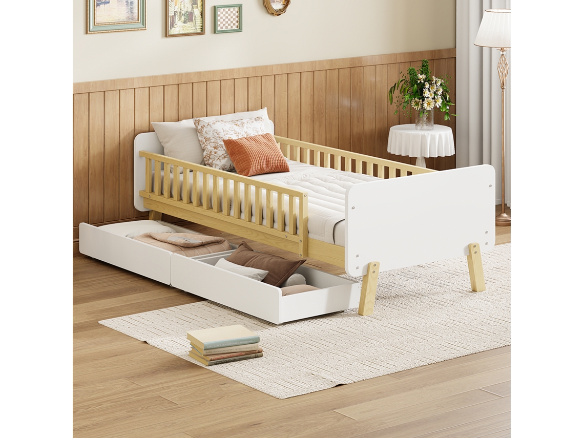 Cama Infantil De 90x190 Cm Con 2 Cajones, De Madera Maciza, Color Blanco.