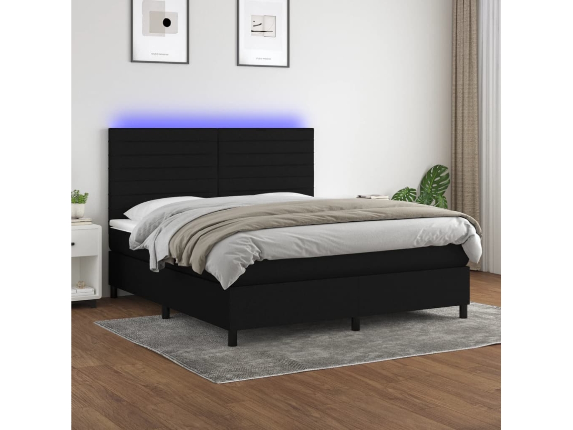 Cama Box Spring Colchón Y Luces Led Tela Negro 180x200 Cm
